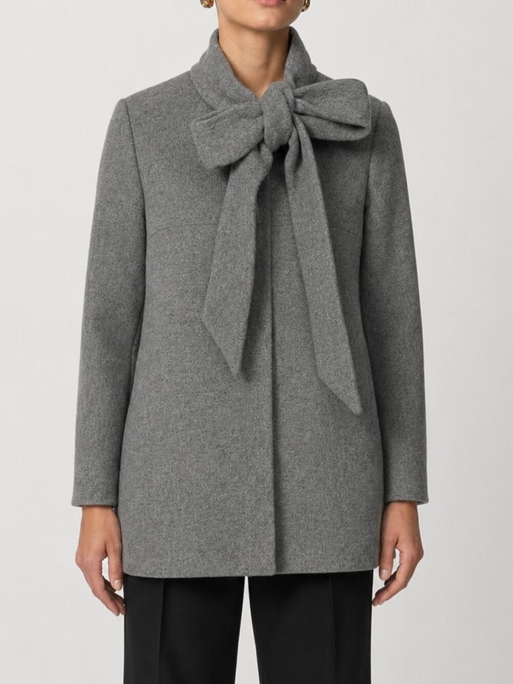 Smythe Bow Collar Coat Wool Blend Long Jacket, Gray
